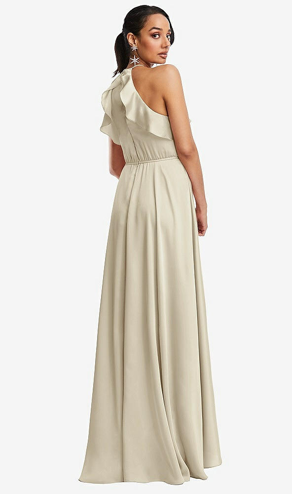 Back View - Champagne Ruffle-Trimmed Bodice Halter Maxi Dress with Wrap Slit