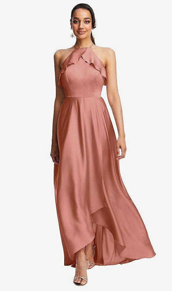 Front View - Desert Rose Ruffle-Trimmed Bodice Halter Maxi Dress with Wrap Slit