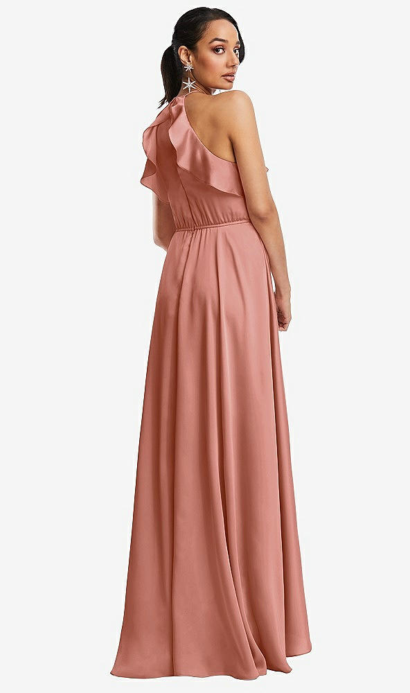 Back View - Desert Rose Ruffle-Trimmed Bodice Halter Maxi Dress with Wrap Slit