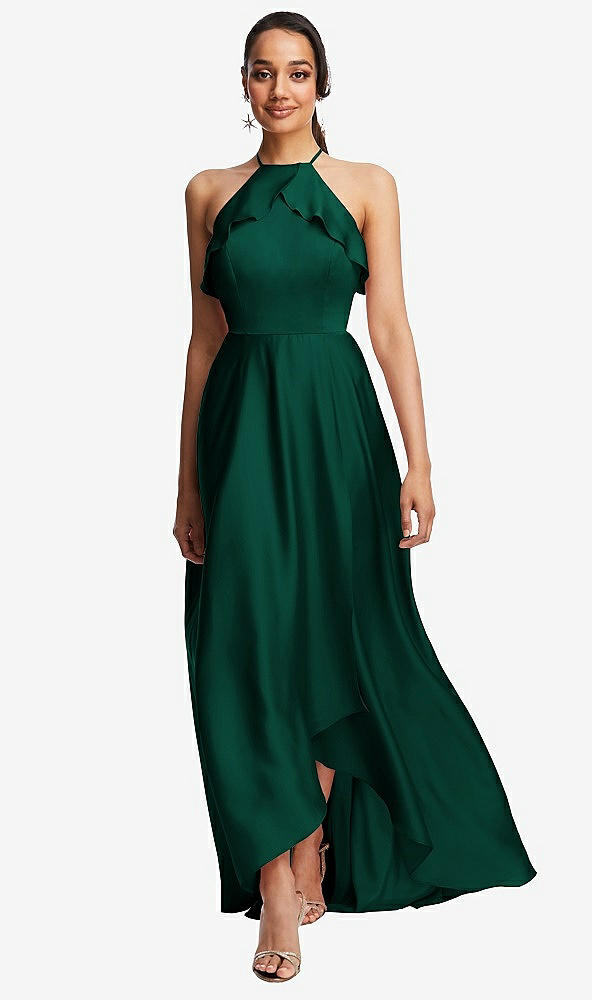 Front View - Hunter Green Ruffle-Trimmed Bodice Halter Maxi Dress with Wrap Slit