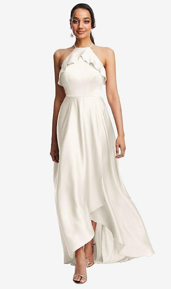 Front View - Ivory Ruffle-Trimmed Bodice Halter Maxi Dress with Wrap Slit