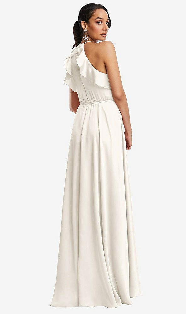 Back View - Ivory Ruffle-Trimmed Bodice Halter Maxi Dress with Wrap Slit