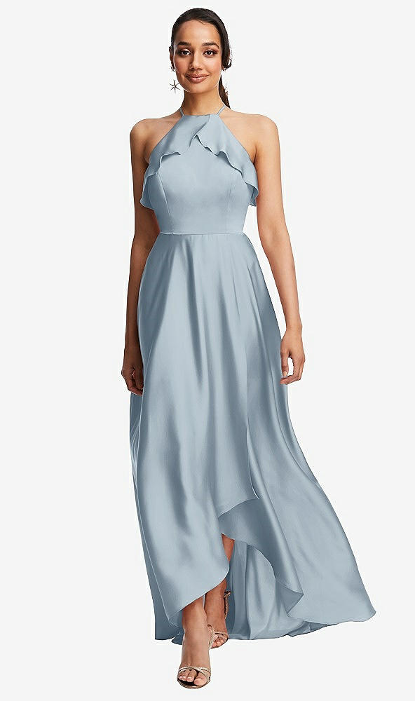 Front View - Mist Ruffle-Trimmed Bodice Halter Maxi Dress with Wrap Slit