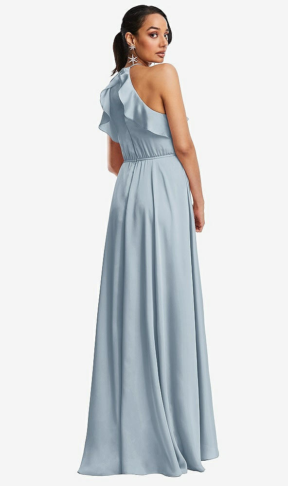 Back View - Mist Ruffle-Trimmed Bodice Halter Maxi Dress with Wrap Slit