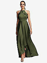 Front View Thumbnail - Olive Green Ruffle-Trimmed Bodice Halter Maxi Dress with Wrap Slit