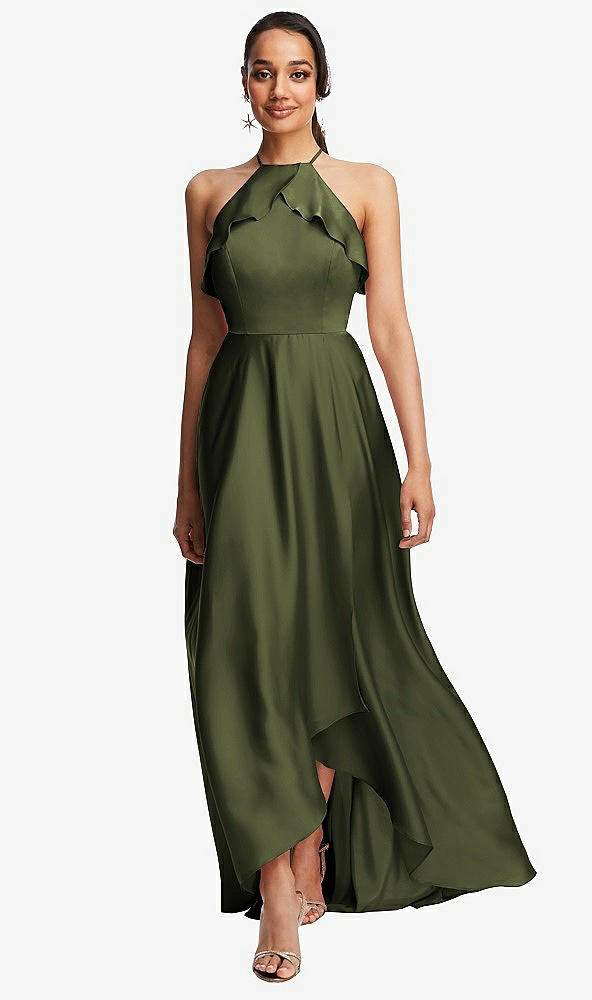Front View - Olive Green Ruffle-Trimmed Bodice Halter Maxi Dress with Wrap Slit