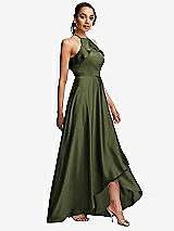 Side View Thumbnail - Olive Green Ruffle-Trimmed Bodice Halter Maxi Dress with Wrap Slit