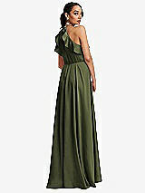 Rear View Thumbnail - Olive Green Ruffle-Trimmed Bodice Halter Maxi Dress with Wrap Slit