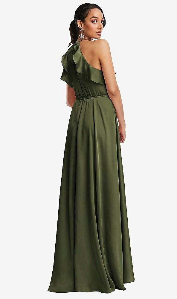 Back View - Olive Green Ruffle-Trimmed Bodice Halter Maxi Dress with Wrap Slit