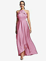 Front View Thumbnail - Powder Pink Ruffle-Trimmed Bodice Halter Maxi Dress with Wrap Slit