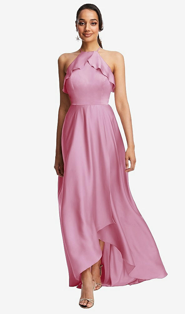Front View - Powder Pink Ruffle-Trimmed Bodice Halter Maxi Dress with Wrap Slit
