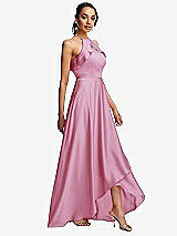 Side View Thumbnail - Powder Pink Ruffle-Trimmed Bodice Halter Maxi Dress with Wrap Slit