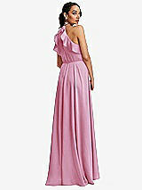 Rear View Thumbnail - Powder Pink Ruffle-Trimmed Bodice Halter Maxi Dress with Wrap Slit