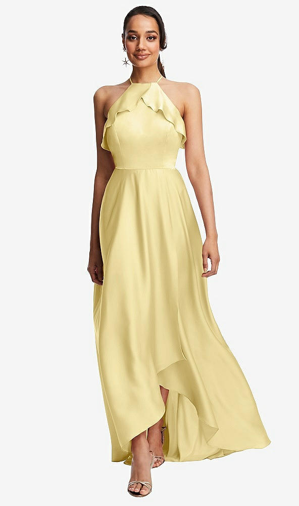 Front View - Pale Yellow Ruffle-Trimmed Bodice Halter Maxi Dress with Wrap Slit