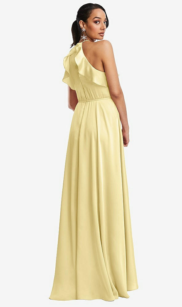Back View - Pale Yellow Ruffle-Trimmed Bodice Halter Maxi Dress with Wrap Slit