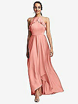 Front View Thumbnail - Rose - PANTONE Rose Quartz Ruffle-Trimmed Bodice Halter Maxi Dress with Wrap Slit