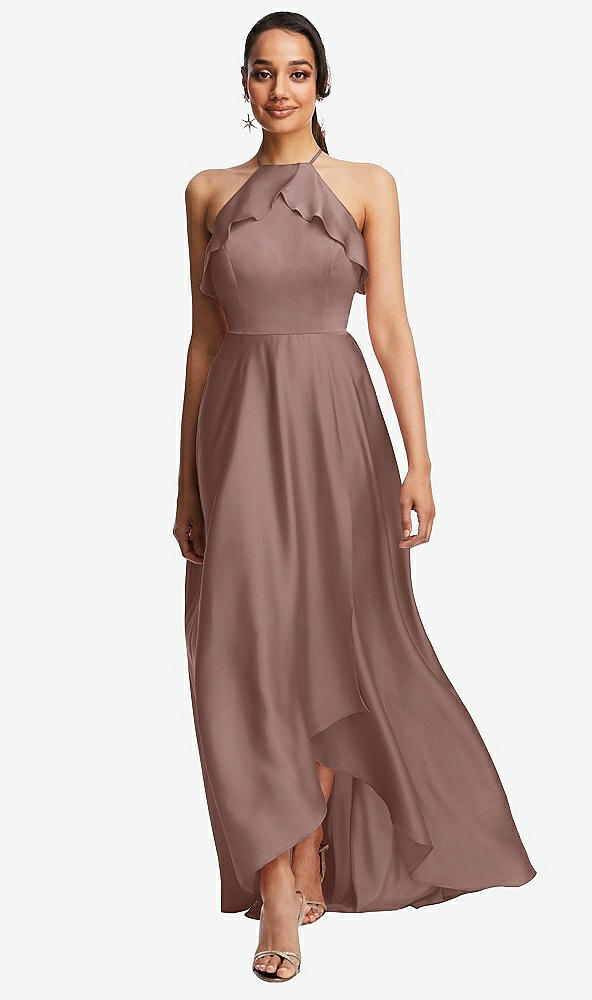 Front View - Sienna Ruffle-Trimmed Bodice Halter Maxi Dress with Wrap Slit