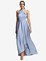 Front View Thumbnail - Sky Blue Ruffle-Trimmed Bodice Halter Maxi Dress with Wrap Slit