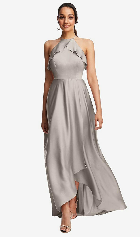 Front View - Taupe Ruffle-Trimmed Bodice Halter Maxi Dress with Wrap Slit