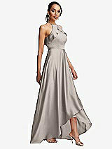 Side View Thumbnail - Taupe Ruffle-Trimmed Bodice Halter Maxi Dress with Wrap Slit