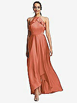 Front View Thumbnail - Terracotta Copper Ruffle-Trimmed Bodice Halter Maxi Dress with Wrap Slit