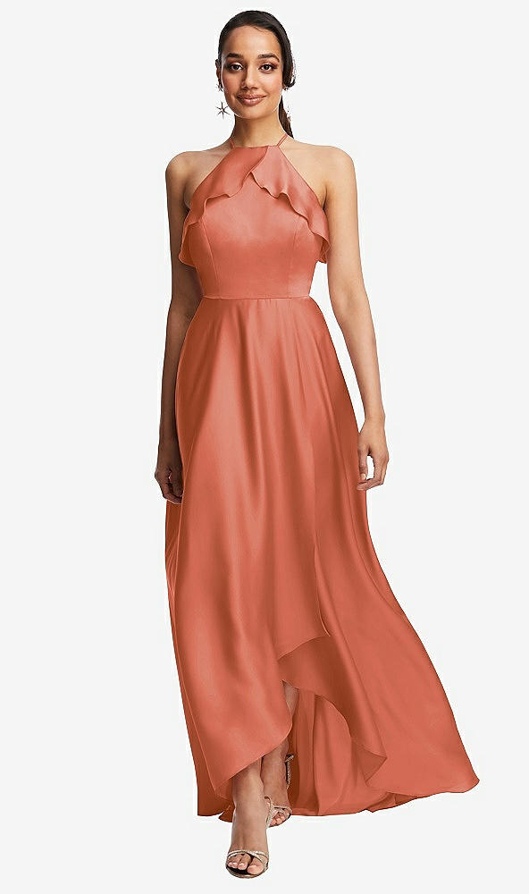 Front View - Terracotta Copper Ruffle-Trimmed Bodice Halter Maxi Dress with Wrap Slit