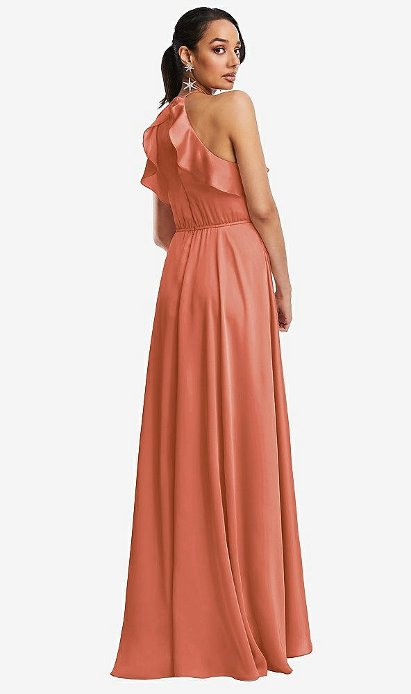 Back View - Terracotta Copper Ruffle-Trimmed Bodice Halter Maxi Dress with Wrap Slit