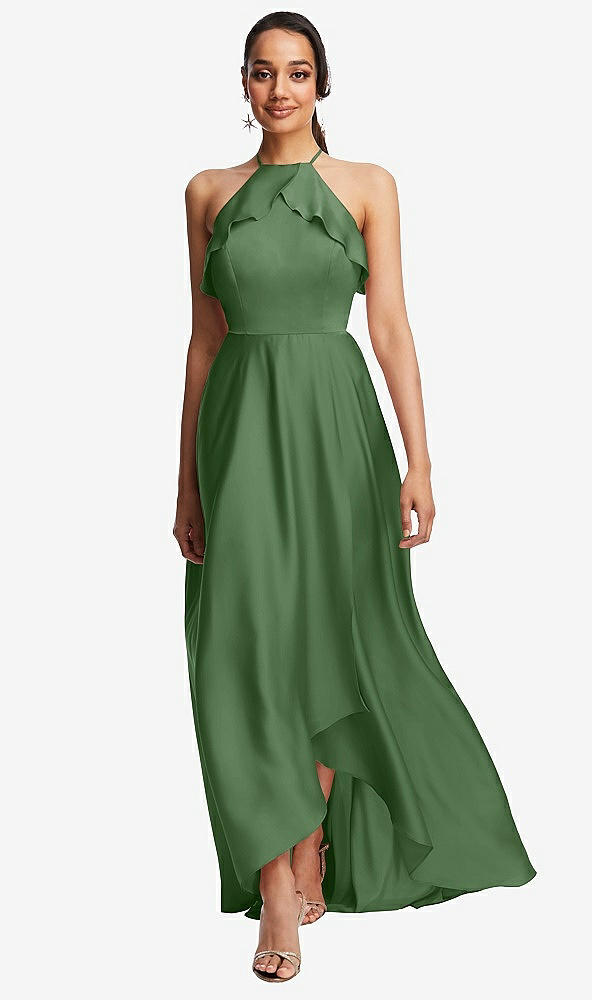 Front View - Vineyard Green Ruffle-Trimmed Bodice Halter Maxi Dress with Wrap Slit