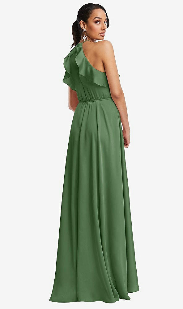 Back View - Vineyard Green Ruffle-Trimmed Bodice Halter Maxi Dress with Wrap Slit
