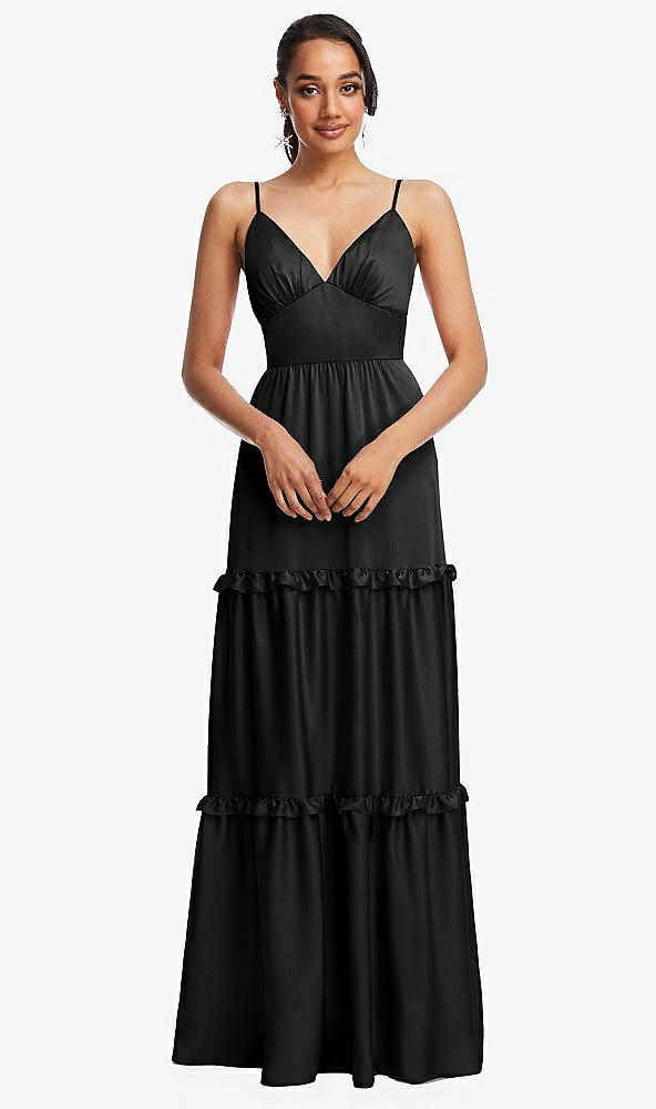 Front View - Black Low-Back Triangle Maxi Dress with Ruffle-Trimmed Tiered Skirt