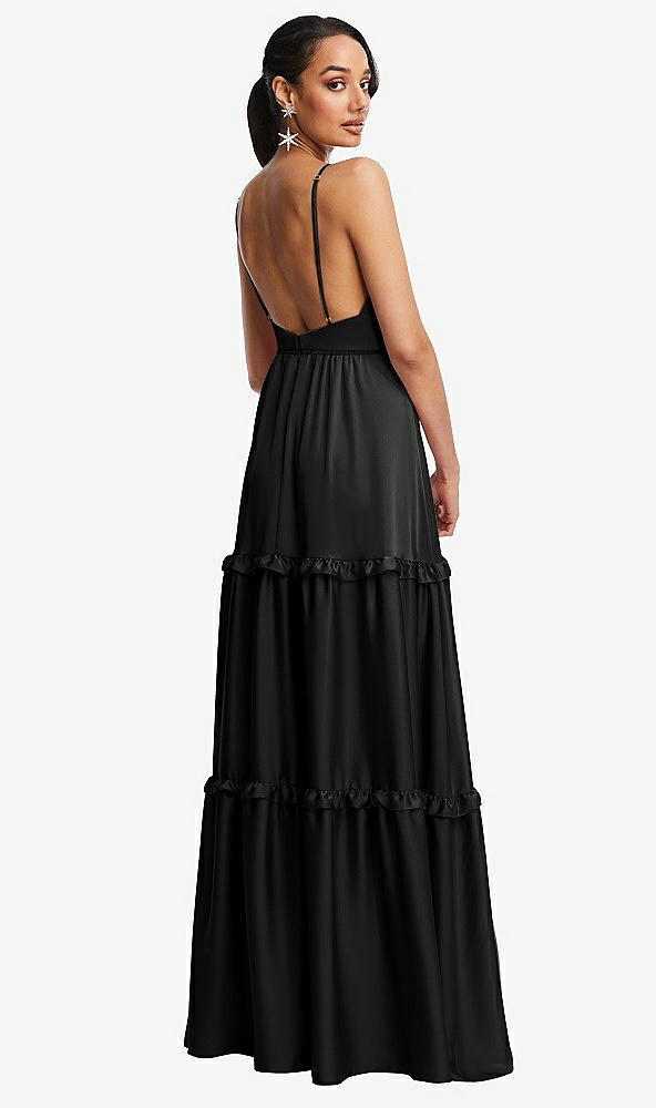 Back View - Black Low-Back Triangle Maxi Dress with Ruffle-Trimmed Tiered Skirt