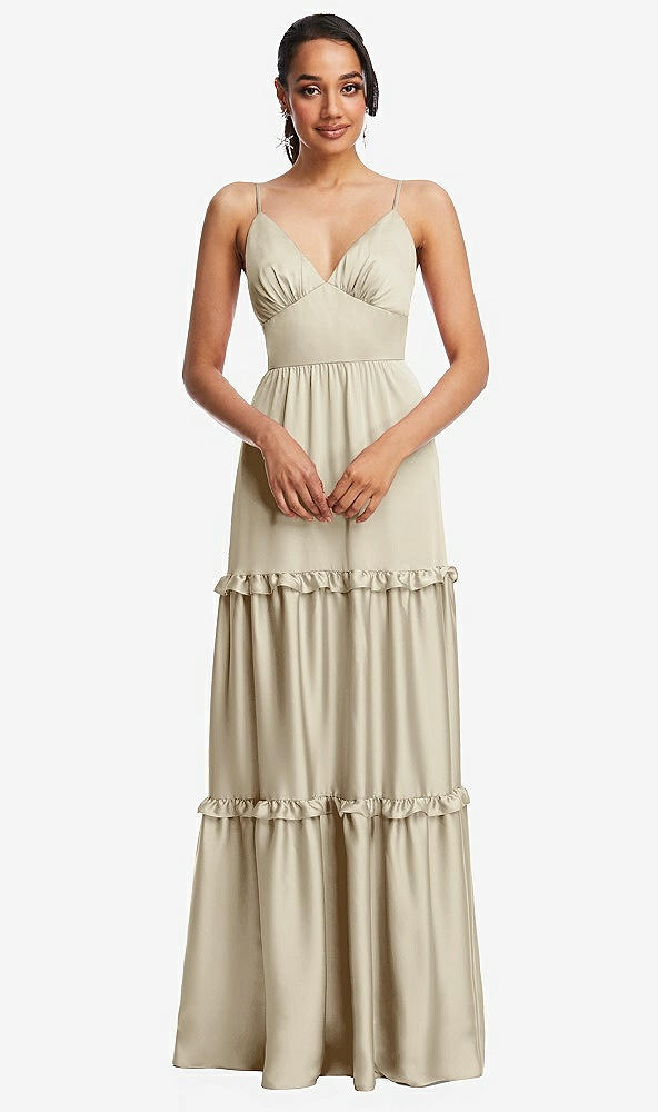Front View - Champagne Low-Back Triangle Maxi Dress with Ruffle-Trimmed Tiered Skirt