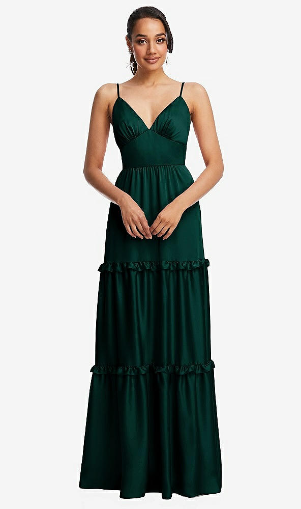 Front View - Evergreen Low-Back Triangle Maxi Dress with Ruffle-Trimmed Tiered Skirt