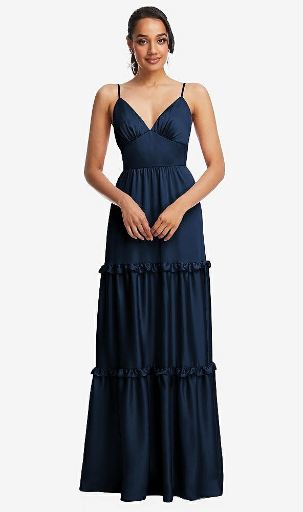 Front View - Midnight Navy Low-Back Triangle Maxi Dress with Ruffle-Trimmed Tiered Skirt