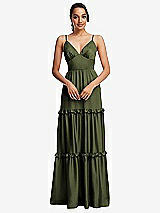 Front View Thumbnail - Olive Green Low-Back Triangle Maxi Dress with Ruffle-Trimmed Tiered Skirt