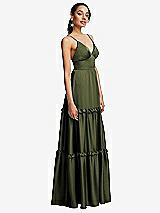 Side View Thumbnail - Olive Green Low-Back Triangle Maxi Dress with Ruffle-Trimmed Tiered Skirt