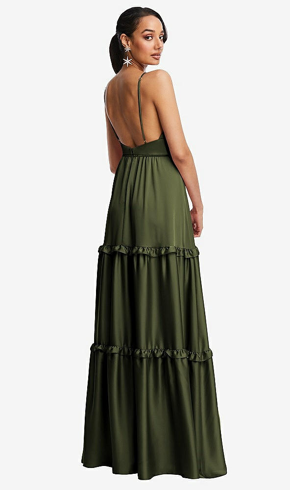 Back View - Olive Green Low-Back Triangle Maxi Dress with Ruffle-Trimmed Tiered Skirt