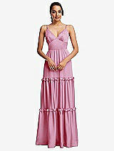 Front View Thumbnail - Powder Pink Low-Back Triangle Maxi Dress with Ruffle-Trimmed Tiered Skirt