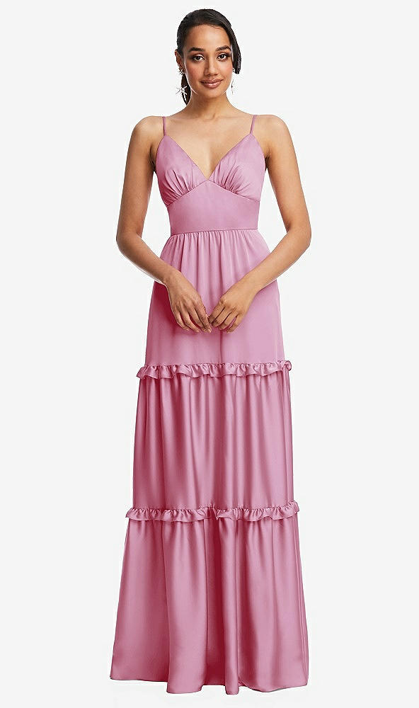 Front View - Powder Pink Low-Back Triangle Maxi Dress with Ruffle-Trimmed Tiered Skirt