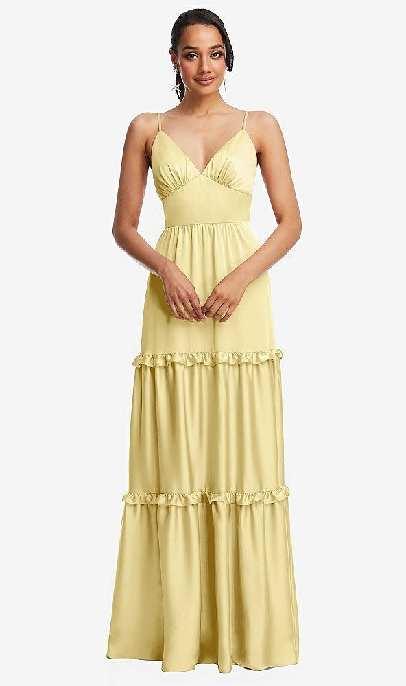 Front View - Pale Yellow Low-Back Triangle Maxi Dress with Ruffle-Trimmed Tiered Skirt