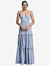 Front View Thumbnail - Sky Blue Low-Back Triangle Maxi Dress with Ruffle-Trimmed Tiered Skirt