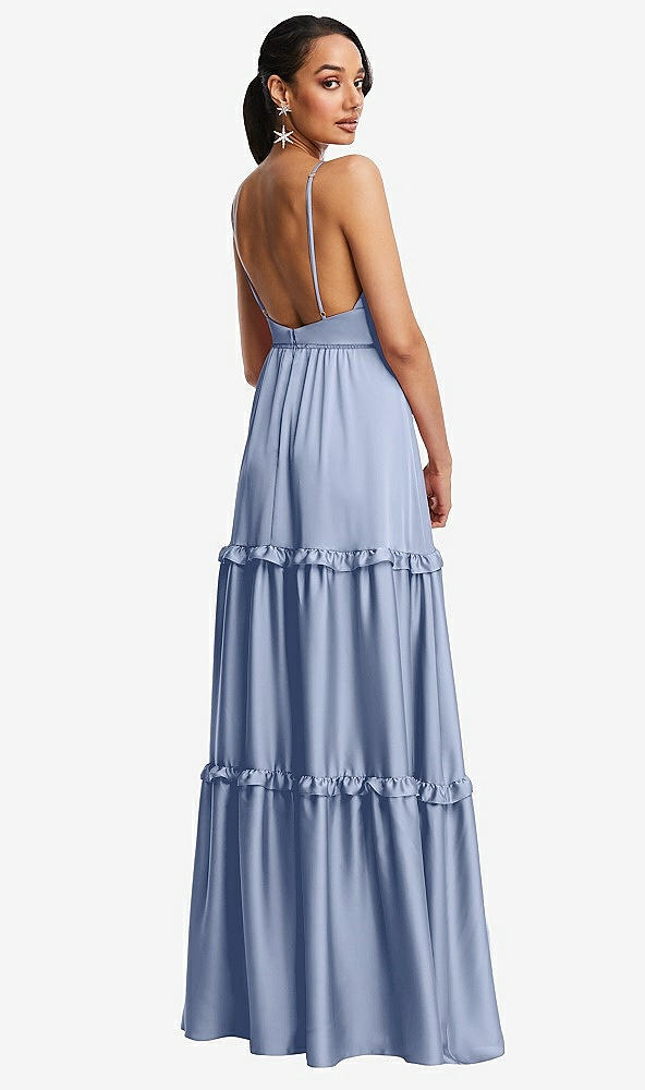 Back View - Sky Blue Low-Back Triangle Maxi Dress with Ruffle-Trimmed Tiered Skirt
