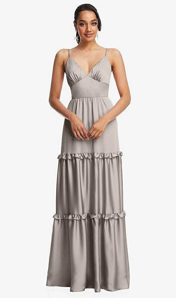 Front View - Taupe Low-Back Triangle Maxi Dress with Ruffle-Trimmed Tiered Skirt
