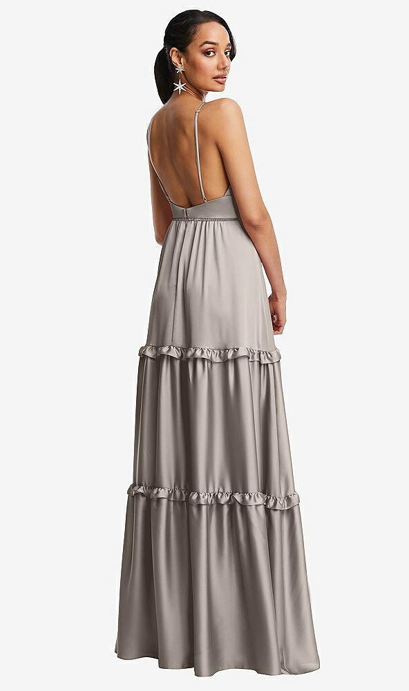 Back View - Taupe Low-Back Triangle Maxi Dress with Ruffle-Trimmed Tiered Skirt