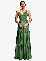 Front View Thumbnail - Vineyard Green Low-Back Triangle Maxi Dress with Ruffle-Trimmed Tiered Skirt