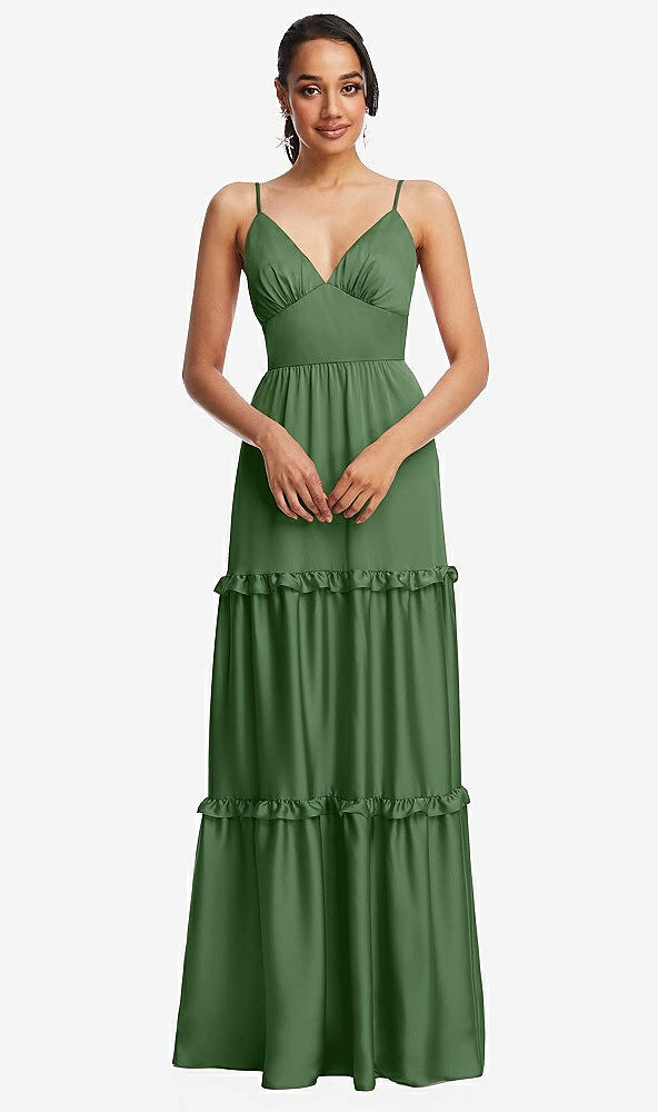 Front View - Vineyard Green Low-Back Triangle Maxi Dress with Ruffle-Trimmed Tiered Skirt