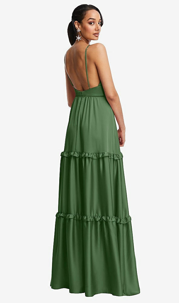 Back View - Vineyard Green Low-Back Triangle Maxi Dress with Ruffle-Trimmed Tiered Skirt