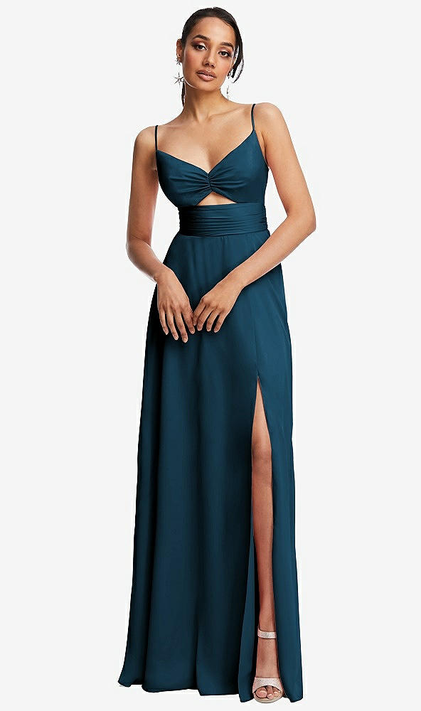 Front View - Atlantic Blue Triangle Cutout Bodice Maxi Dress with Adjustable Straps