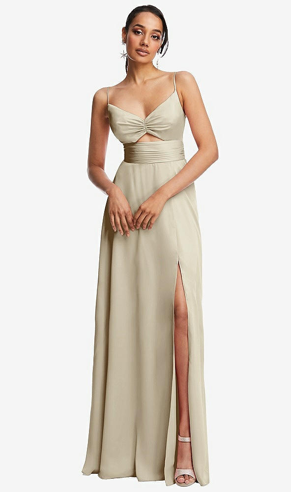Front View - Champagne Triangle Cutout Bodice Maxi Dress with Adjustable Straps