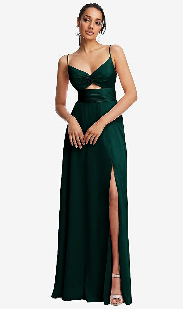Front View - Evergreen Triangle Cutout Bodice Maxi Dress with Adjustable Straps